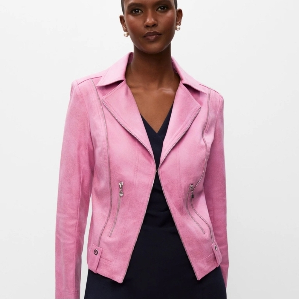 Pink Leather Moto Jacket with Structured Shoulders and Cropped Fit